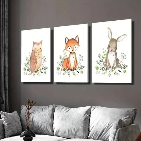 3pcs Cute Owl Fox and Rabbit Decoration  Wall Art Set Canvas Unframed - High Quality Print 100% Australian Made Wall Canvas