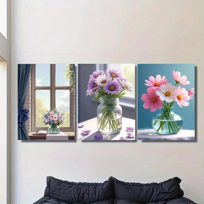 3pcs Vibrant Flowers in Vases Floral Bouquet Metal Print Ready to Hang Art