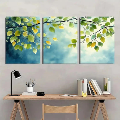 3pcs Green Leaves and Blue Sky Metal Print Ready to Hang Art