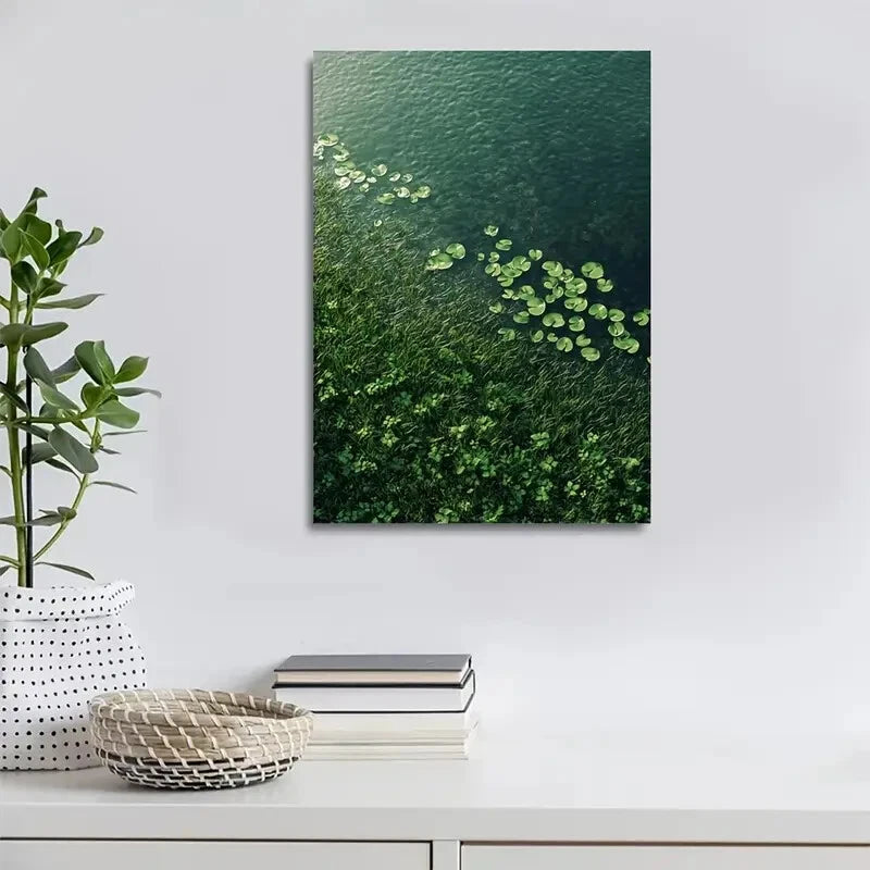 Emerald Water & Lush Green Grass Landscape Painting 40x60cm Metal Print Ready to Hang