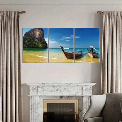 3pcs Natural Seaside Beach Island Boat Wall Art Set Canvas Framed 40x60cm - High Quality Print 100% Australian Made Wall Canvas Ready to Hang