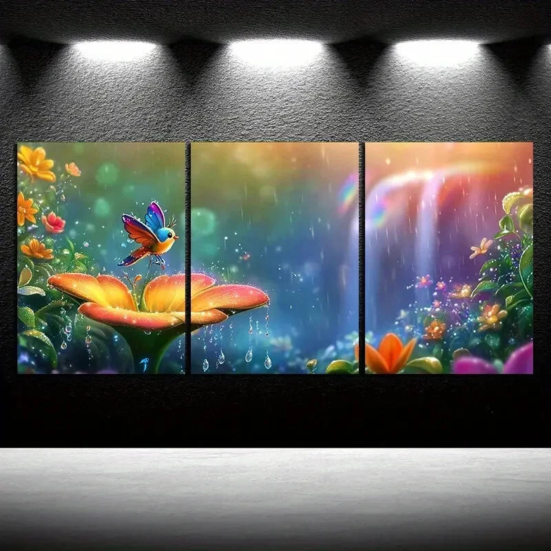 3pcs The Bird on the Petals Vibrant Metal Print Ready to Hang Art