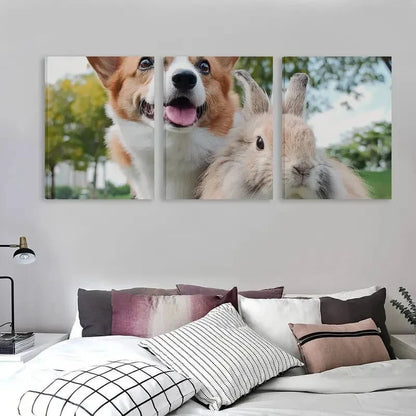 3pcs Adorable Corgi & Rabbit Smiling Design   Wall Art Set Canvas Framed 60x90cm - High Quality Print 100% Australian Made Wall Canvas Ready to Hang