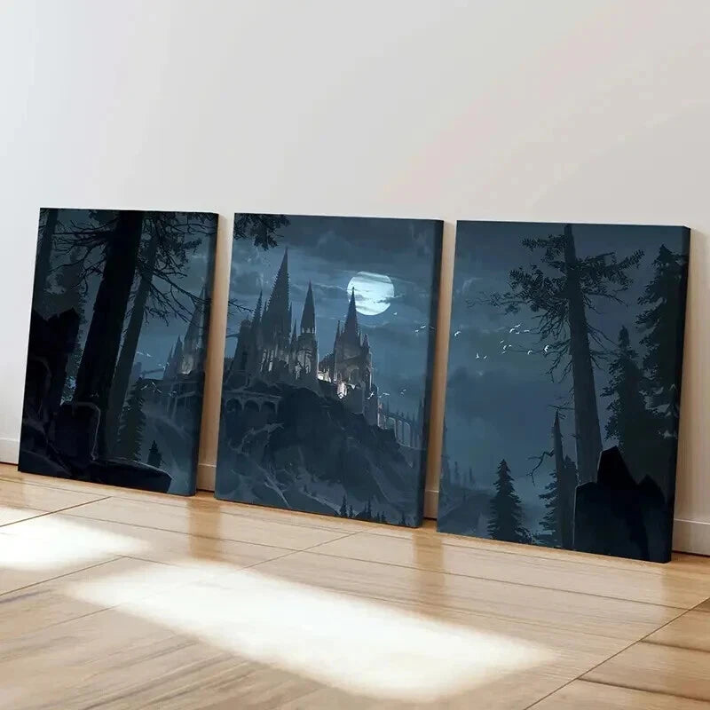3pcs Castle Night View Dark Gothic Style  Wall Art Set Canvas Framed 40x60cm - High Quality Print 100% Australian Made Wall Canvas Ready to Hang