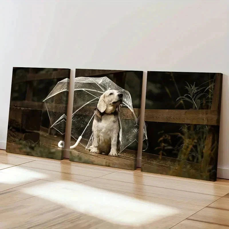 3pcs Puppy Dog Pet Under an Umbrella Wall Art Set Canvas Framed 40x60cm - High Quality Print 100% Australian Made Wall Canvas Ready to Hang