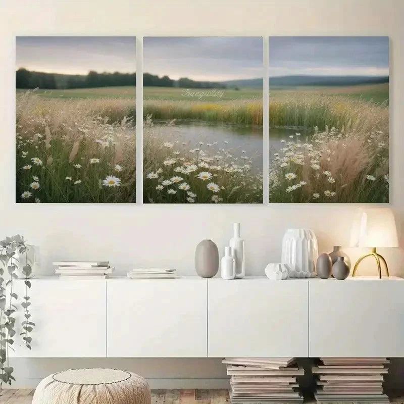 3pcs Wildflowers Meadow Pond Painting Metal Print Ready to Hang Art