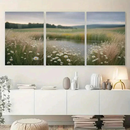 3pcs Wildflowers Meadow Pond Painting Metal Print Ready to Hang Art