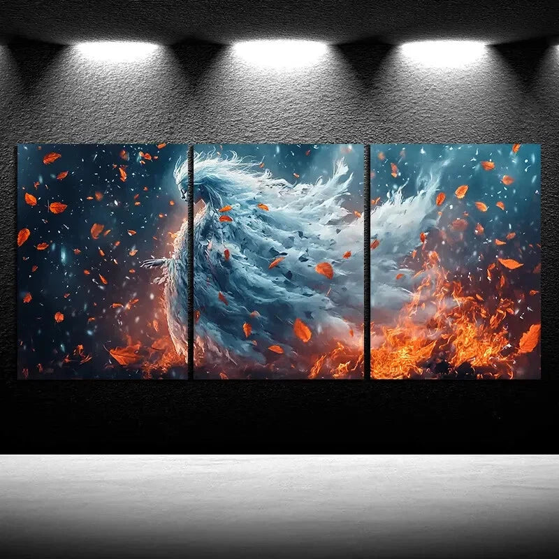 3pcs Woman Dancing in The Wind Golden Leaves Metal Print Ready to Hang Art