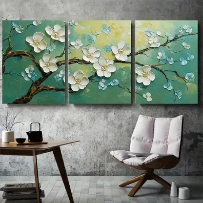 3pcs White Blossom on Green Branch Metal Print Ready to Hang Art