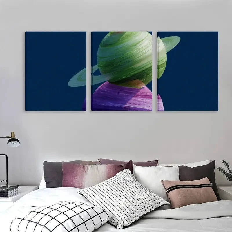 3pcs Green Ringed Planet Rests On Purple Sphere   Wall Art Set Canvas Framed 60x90cm - High Quality Print 100% Australian Made Wall Canvas Ready to Hang