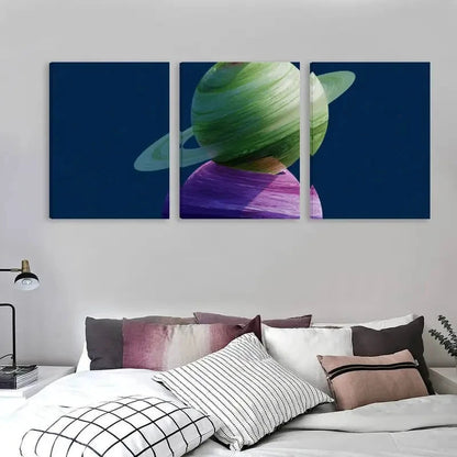 3pcs Green Ringed Planet Rests On Purple Sphere   Wall Art Set Canvas Framed 60x90cm - High Quality Print 100% Australian Made Wall Canvas Ready to Hang