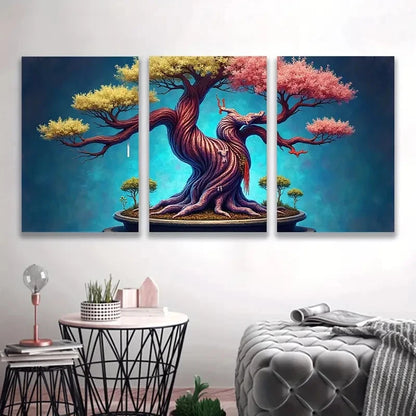 3pcs Yellow, Pink & Purple Blossoms Bonsai Tree Wall Art Set Canvas Framed 60x90cm - High Quality Print 100% Australian Made Wall Canvas Ready to Hang