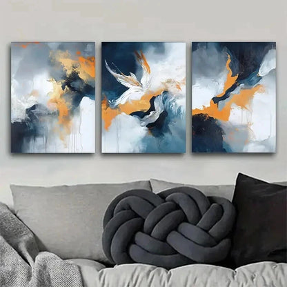 3pcs Blue White And Golden Fluid Paintings Wall Art Set Canvas Framed 40x60cm - High Quality Print 100% Australian Made Wall Canvas Ready to Hang