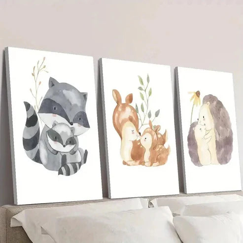 3pcs Raccoon Hedgehog Squirrel Families Wall Art Set Canvas Unframed - High Quality Print 100% Australian Made Wall Canvas
