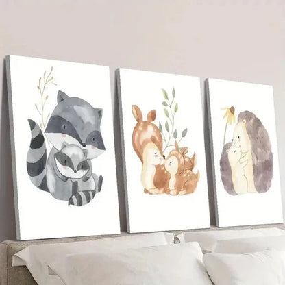 3pcs Raccoon Hedgehog Squirrel Families Wall Art Set Canvas Unframed - High Quality Print 100% Australian Made Wall Canvas