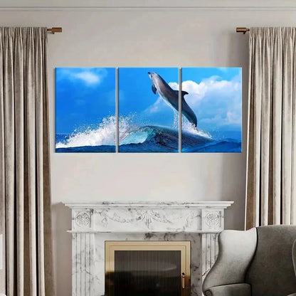 3pcs Dolphins Jumping Out Of The Sea Wall Art Set Canvas Framed 40x60cm - High Quality Print 100% Australian Made Wall Canvas Ready to Hang