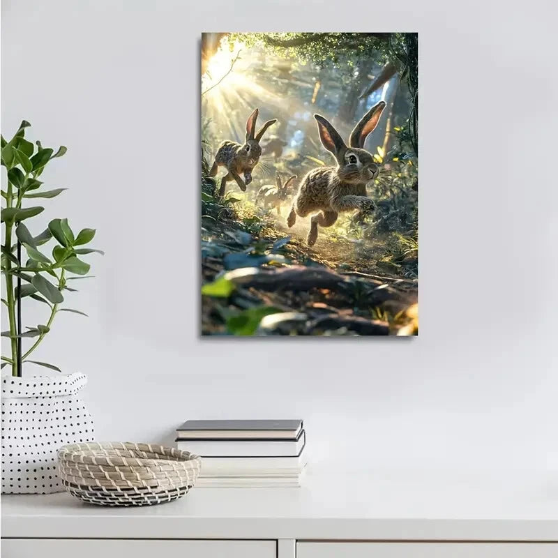 Enchanting Rabbit Chase Scene with Sunlit Painting  40x60cm Metal Print Ready to Hang