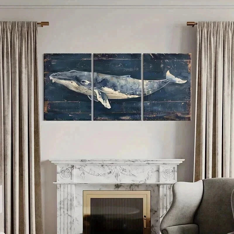 3pcs Abstract Blue Whale & Ocean Life Metal Print Ready to Hang Art