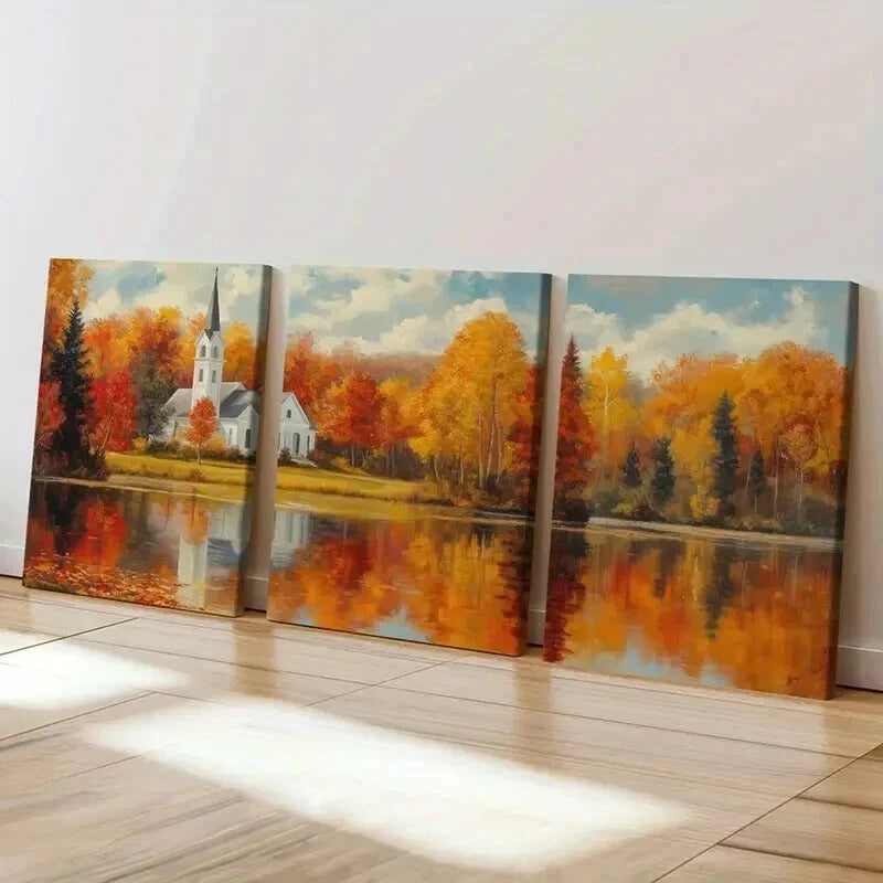 3pcs Autumn Church Landscape & Lake Reflection Wall Art Set Canvas Framed 40x60cm - High Quality Print 100% Australian Made Wall Canvas Ready to Hang