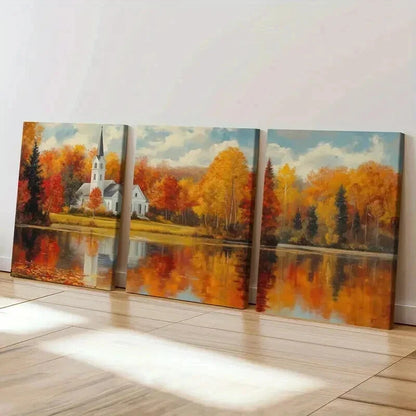 3pcs Autumn Church Landscape & Lake Reflection Wall Art Set Canvas Framed 40x60cm - High Quality Print 100% Australian Made Wall Canvas Ready to Hang
