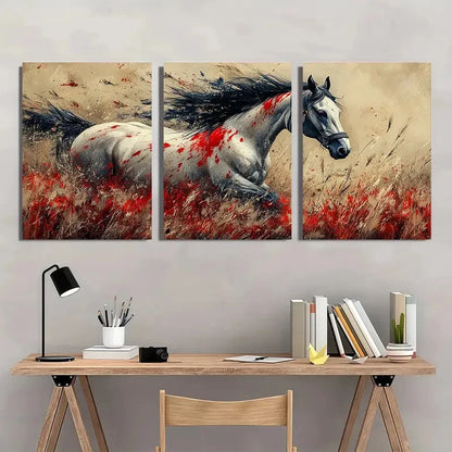 3pcs Wild Animal Horse Painting Red & White Metal Print Ready to Hang Art