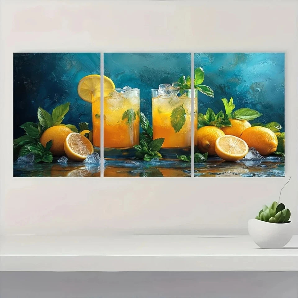 3pcs Lemon Cocktail Vibrant Colors Metal Print Ready to Hang Art