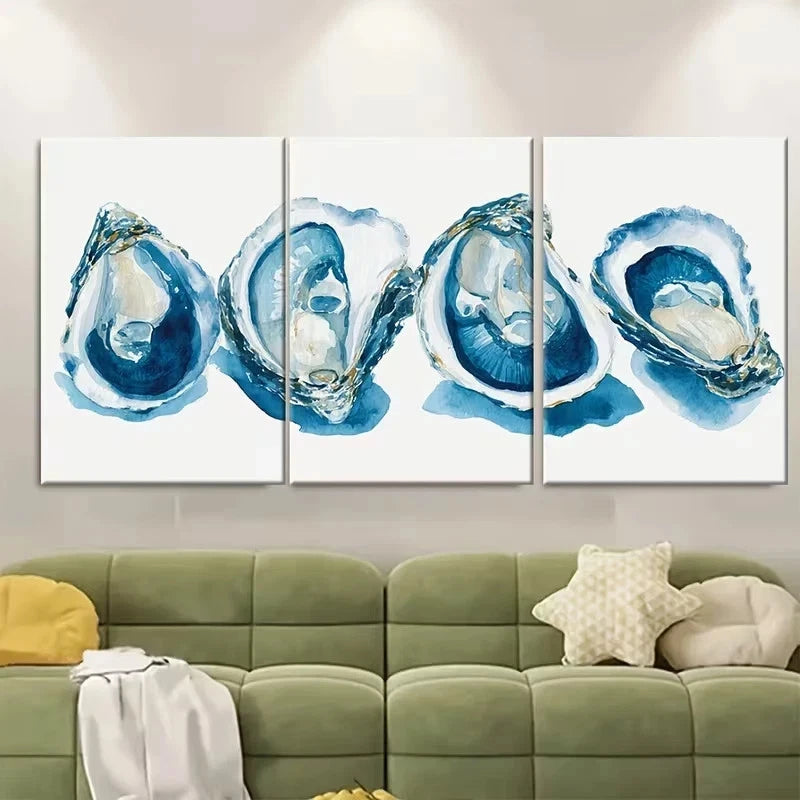 3pcs Coastal Oyster Watercolor Wall Art Set Canvas Framed 50x70cm – High Quality Print 100% Australian Made Wall Canvas Ready to Hang