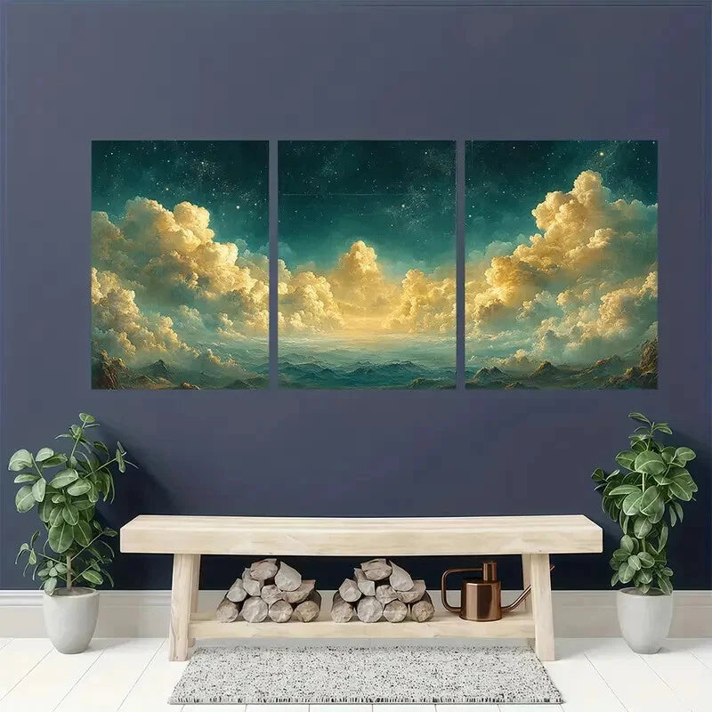 3pcs Serene Night Sky & Clouds Panoramic Metal Print Ready to Hang Art