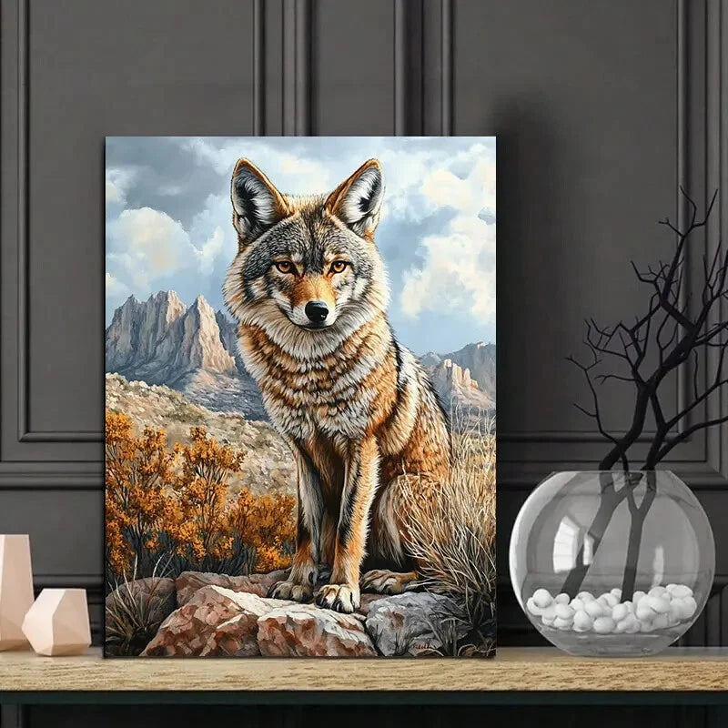 Realistic Painting of a Coyote in The Rocky Desert 40x60cm Metal Print Ready to Hang