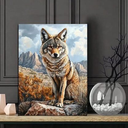 Realistic Painting of a Coyote in The Rocky Desert 40x60cm Metal Print Ready to Hang