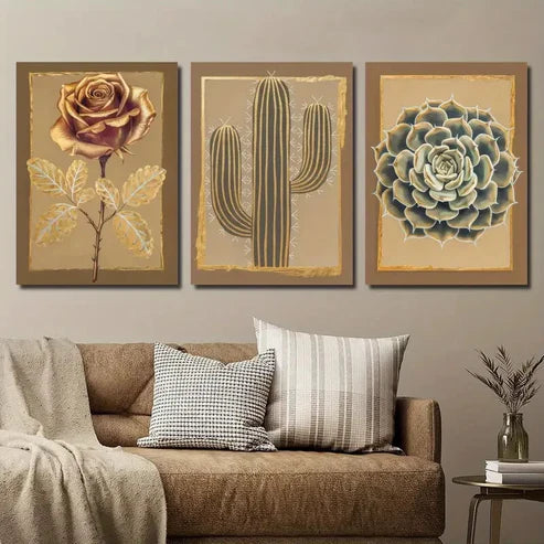 3pcs Golden Roses Cactus And Succulents Wall Art Set Canvas Unframed - High Quality Print 100% Australian Made Wall Canvas