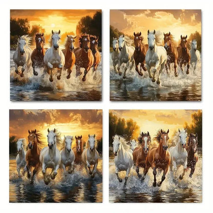 4pcse Abstract Horses Running in the RiverWall Art Canvas Framed