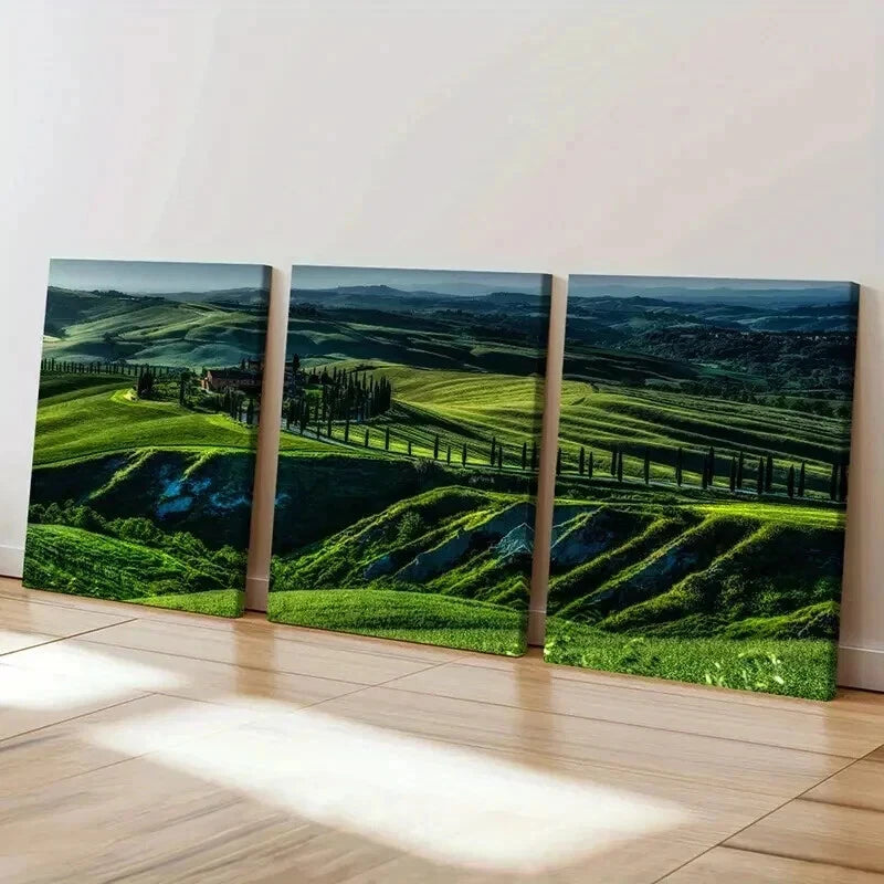 3pcs Natural Green Hills Grasslands Mountains Wall Art Set Canvas Framed 40x60cm - High Quality Print 100% Australian Made Wall Canvas Ready to Hang