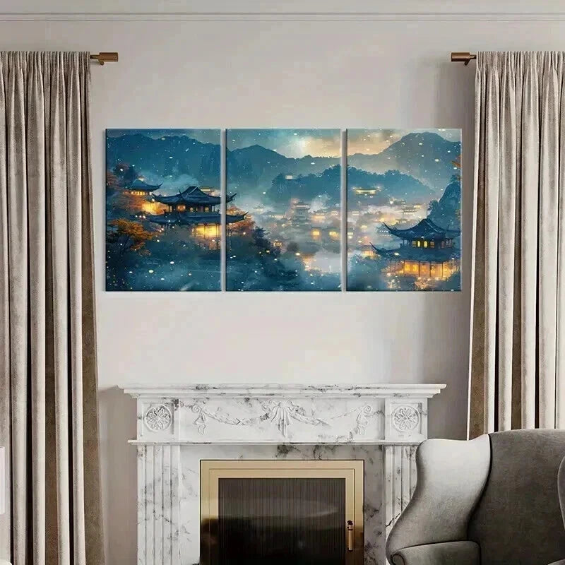 3pcs Retro Chinese Traditional Architecture Metal Print Ready to Hang Art