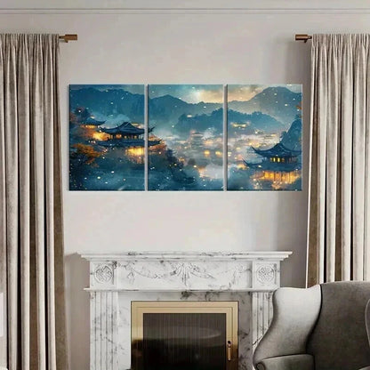 3pcs Retro Chinese Traditional Architecture Metal Print Ready to Hang Art