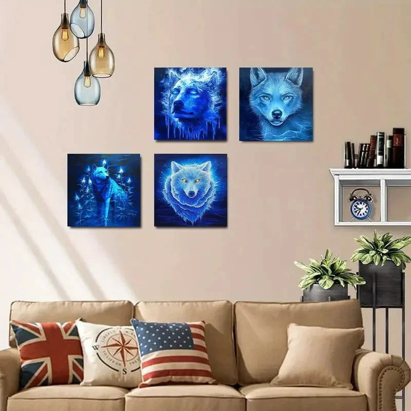 4pcs Blue Wolf With Yellow Eye Wall Art Canvas Framed