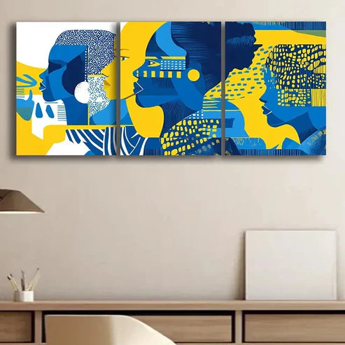 3pcs A Simple Drawing of People in Blue Perfect Wall Art Set Canvas Unframed - High Quality Print 100% Australian Made Wall Canvas