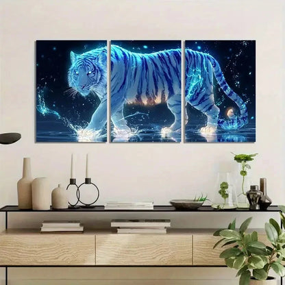 3pcs Glowing White Tiger Hyper-Realistic Metal Print Ready to Hang Art