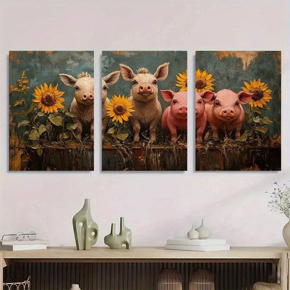 3pcs Rustic Farm Animals Donkey Cow Pig Metal Print Ready to Hang Art