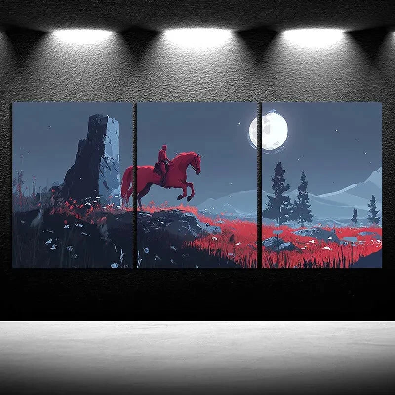 3pcs A Horse Jumping Under The Moonlight Red Metal Print Ready to Hang Art