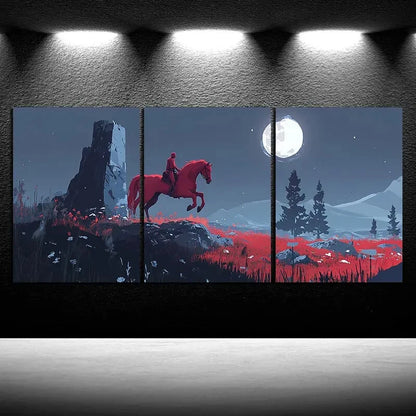 3pcs A Horse Jumping Under The Moonlight Red Metal Print Ready to Hang Art