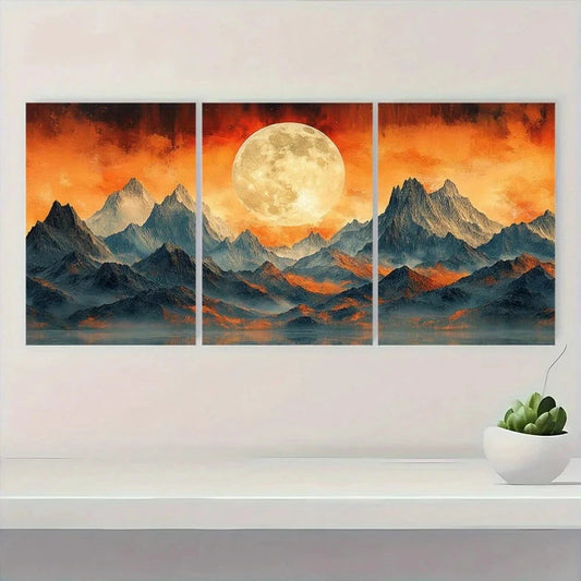 3pcs Abstract Mountain Moon Warm Earth Tones Wall Art Set Canvas Framed 60x90cm - High Quality Print 100% Australian Made Wall Canvas Ready to Hang