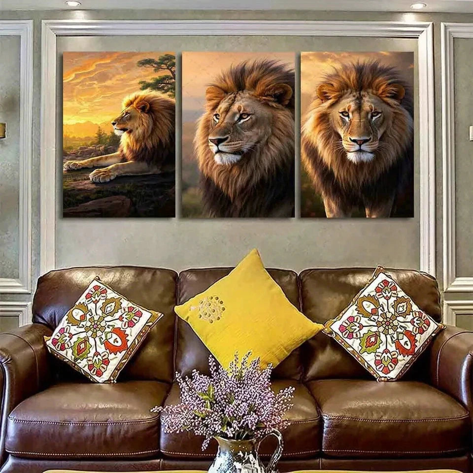 3pcs Sunset Majestic Lion Vibrant Wildlife Metal Print Ready to Hang Art