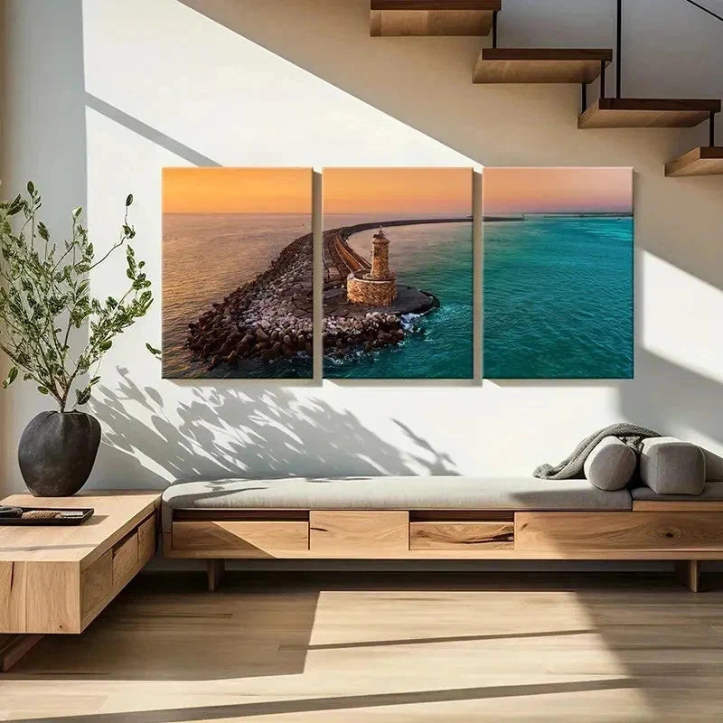 3pcs Sunset Sea Lighthouse Pier Modern Wall Art Set Canvas Framed 40x60cm - High Quality Print 100% Australian Made Wall Canvas Ready to Hang