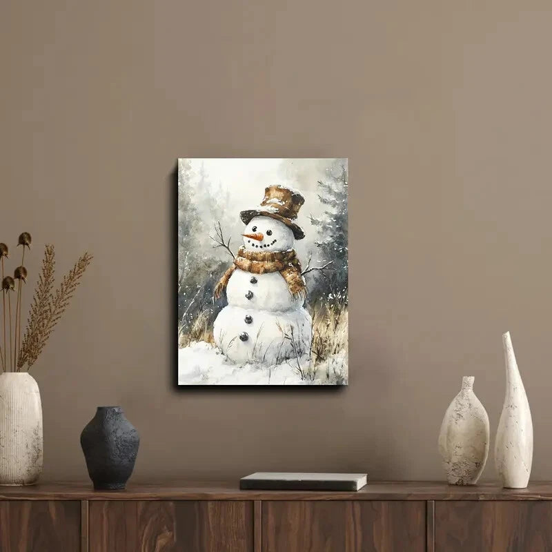 Charming Snowy Landscape Watercolor Snowman 40x60cm Metal Print Ready to Hang