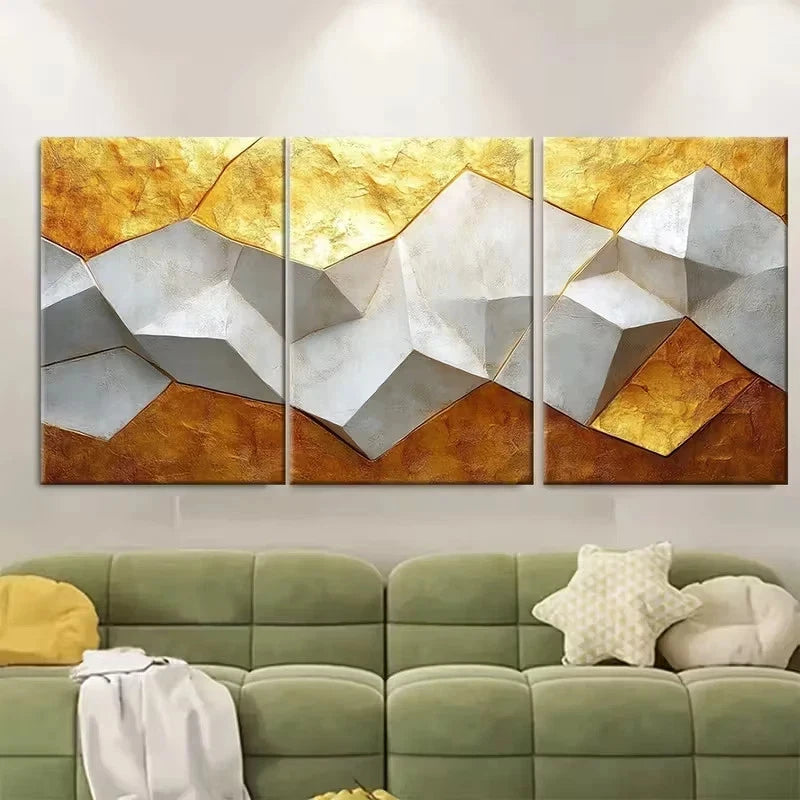 3pcs Geometric White Golden Wall Art Set Canvas Framed 50x70cm – High Quality Print 100% Australian Made Wall Canvas Ready to Hang
