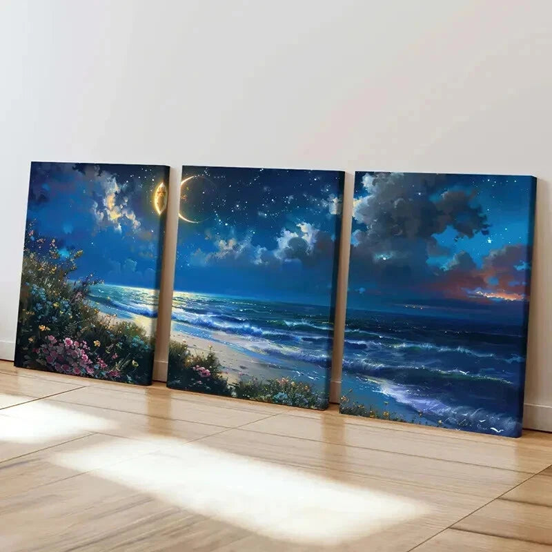 3pcs Fantasy Landscape Seaside Moon Flowers Wall Art Set Canvas Framed 40x60cm - High Quality Print 100% Australian Made Wall Canvas Ready to Hang