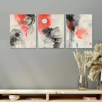 3pcs Modern Abstract Geometric Black & Red Circles Metal Print Ready to Hang Art