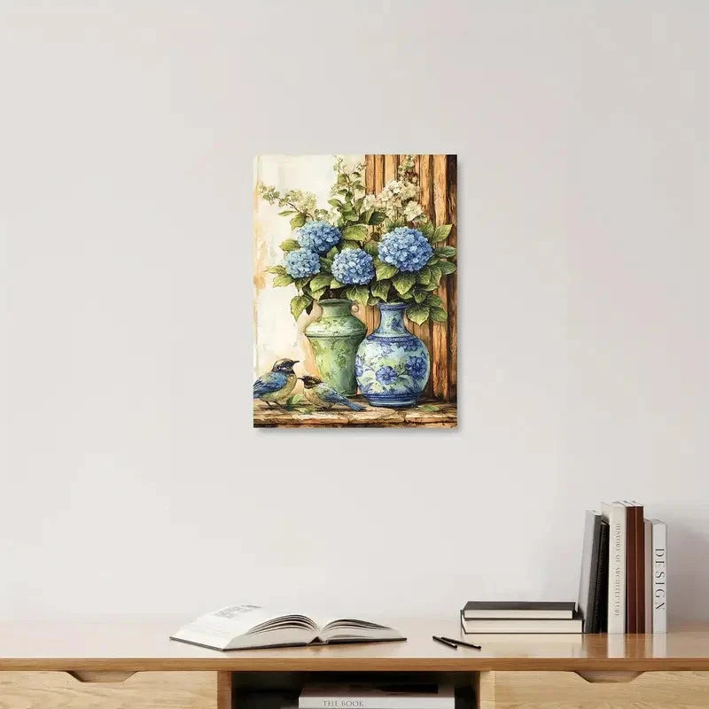 Decorative painting of flowers and vases on a wall above a wooden shelf with books.