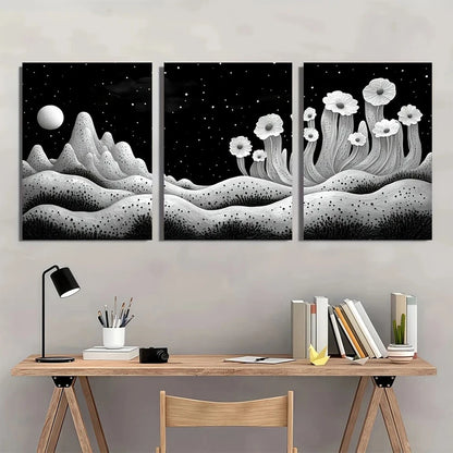 3pcs Black and White Acrylic Moonlit Metal Print Ready to Hang Art
